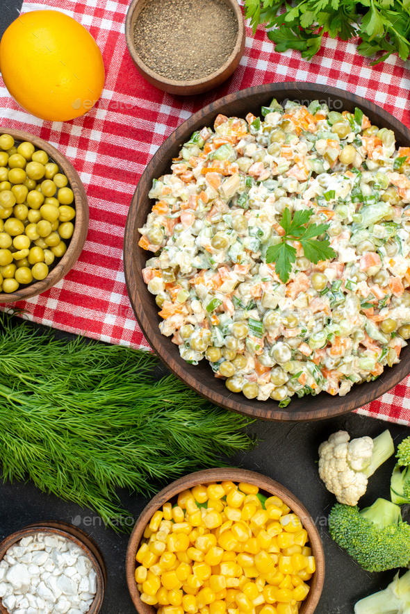 top view vegetable salad with seasonings vegetables and greens Stock